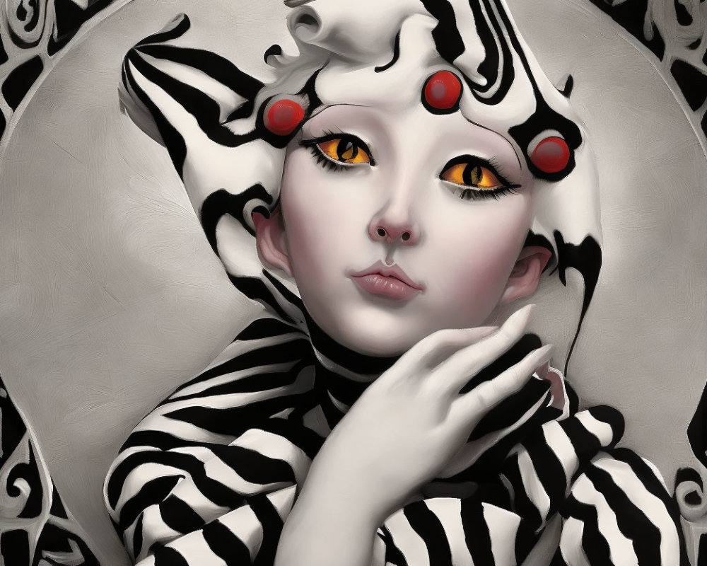 Character portrait with pale skin, yellow eyes, red accents, black & white attire