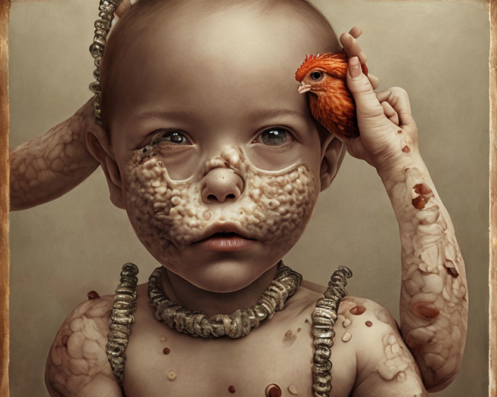 Surreal portrait of child with pebbled skin, shell necklace, and orange chick