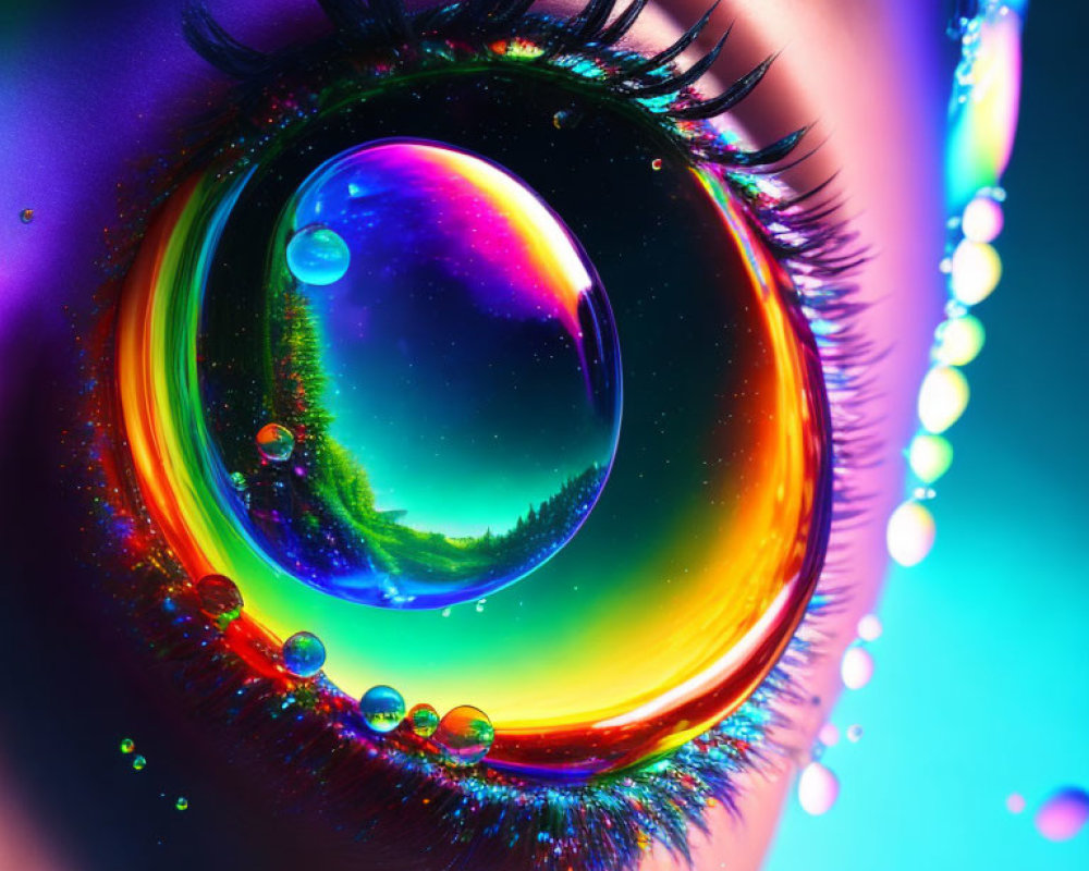 Vibrant close-up of an eye with iridescent colors and glistening droplets