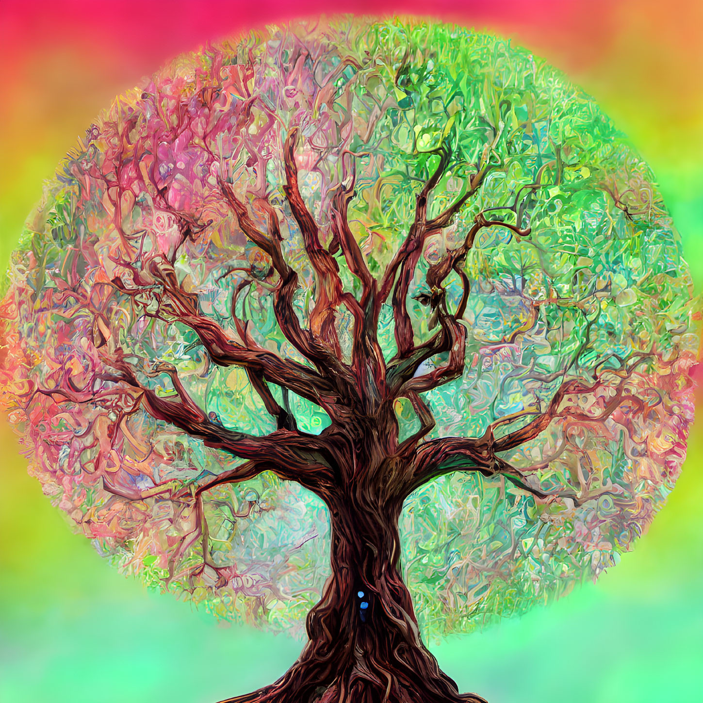 Colorful digital artwork: intricate tree against rainbow backdrop