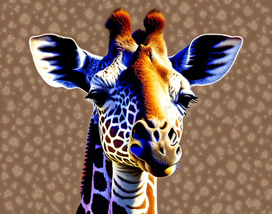 Vibrant illustrated giraffe on patterned background
