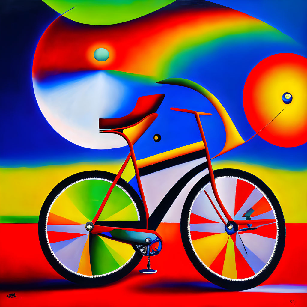 Colorful Abstract Painting: Bicycle, Geometric Shapes, Rainbow, Celestial Background