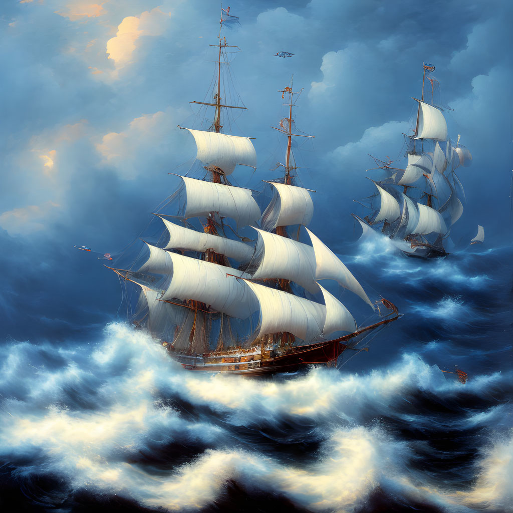 Majestic tall ships with full sails in turbulent ocean under dramatic sky