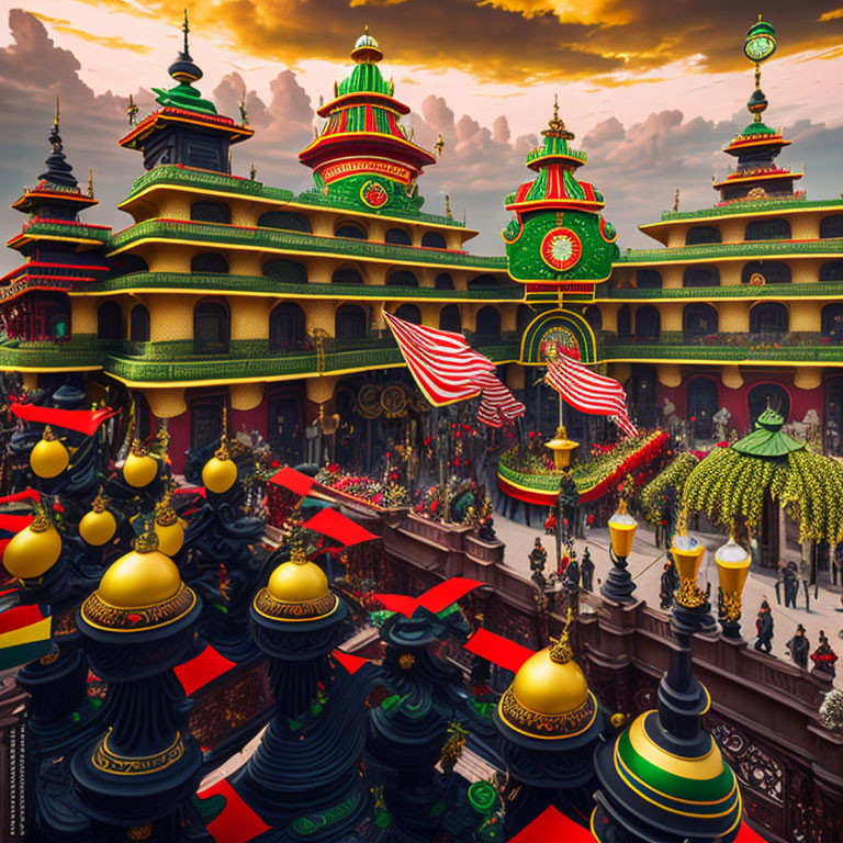 Colorful Pagoda-Style Buildings at Sunset with Ornamental Details