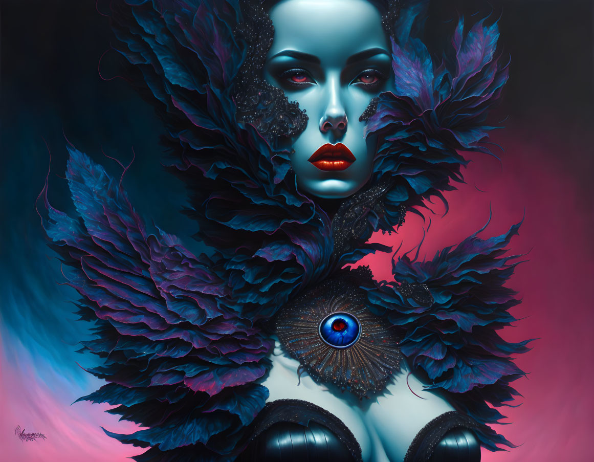Surreal portrait of woman with blue skin and red lips wearing purple feather collar