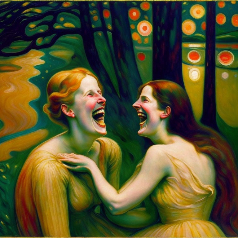 Two Women Laughing in Yellow Dresses Amid Vibrant Nature Backdrop