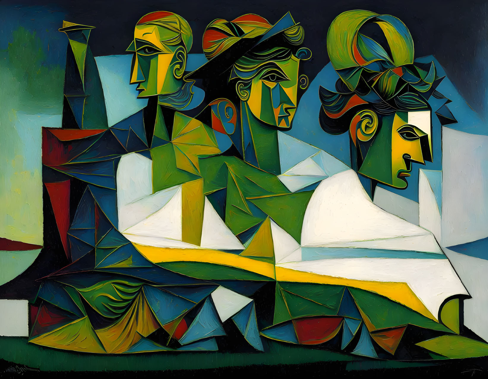 Vibrant cubist painting with three stylized figures