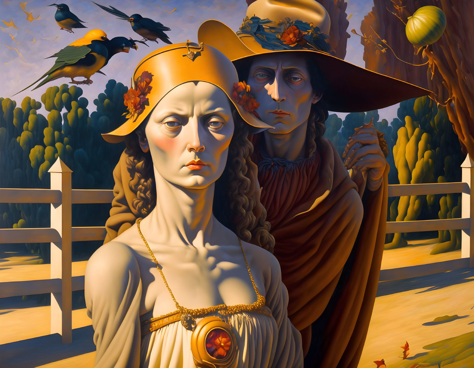 Surreal painting featuring two individuals in classical attire with birds and pastoral background