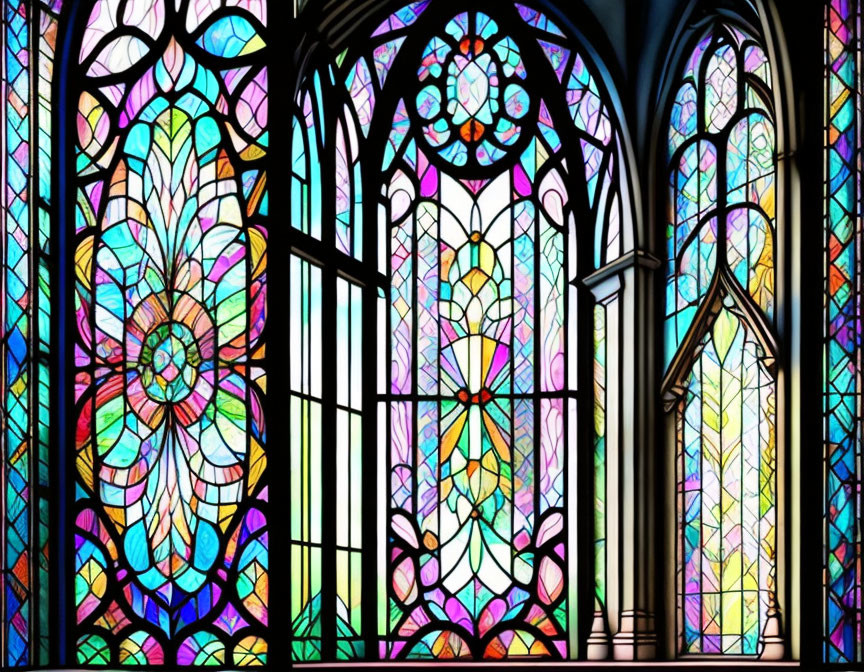 Colorful Floral and Geometric Stained Glass Window in Gothic Arch Frame