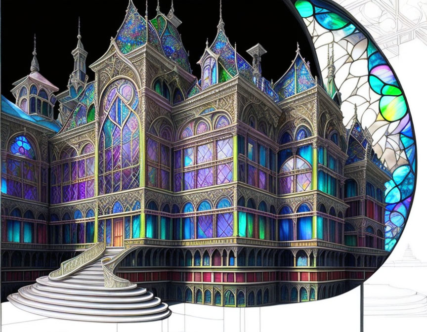 Fantastical multi-storied building with stained glass windows and ornate spires magnified.