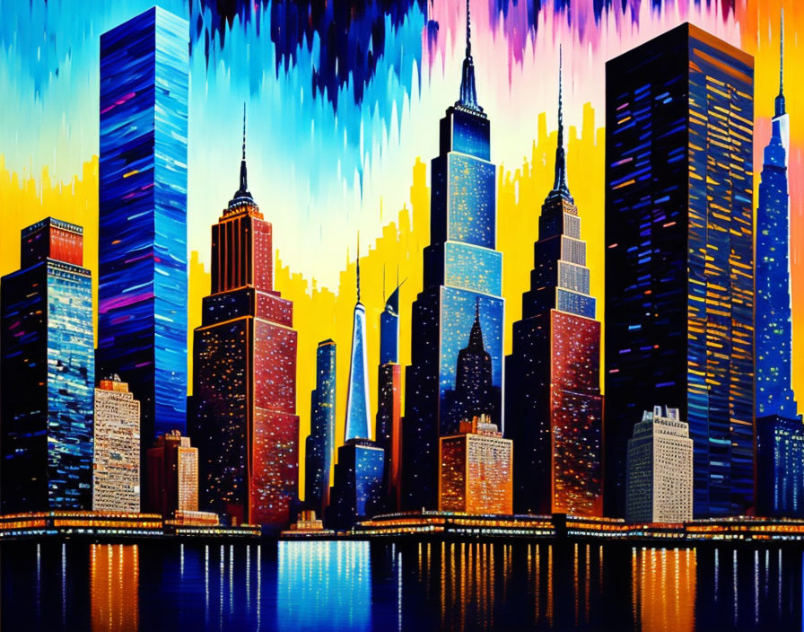 Colorful City Skyline Painting with Night Reflections & Multicolored Sky
