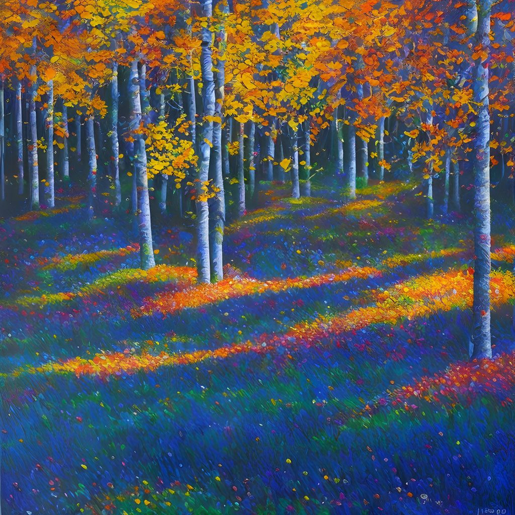 Colorful autumn forest painting with orange leaves and wildflowers