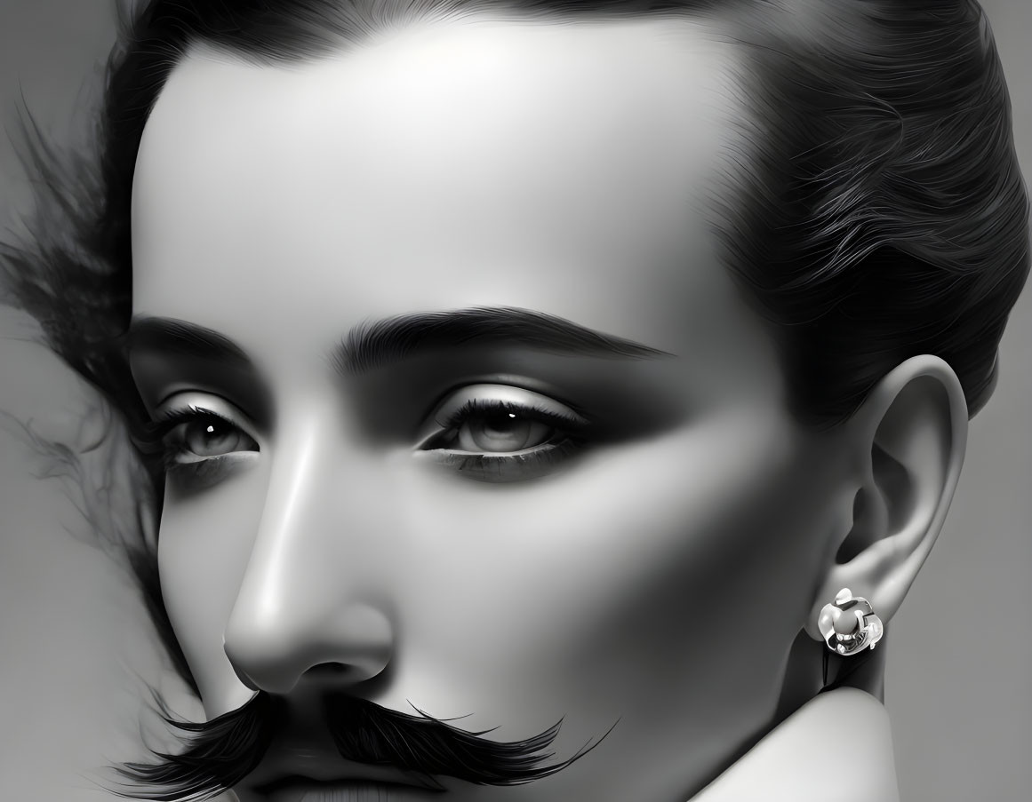 Close-up monochromatic portrait of person with styled mustache, clear skin, and earring.