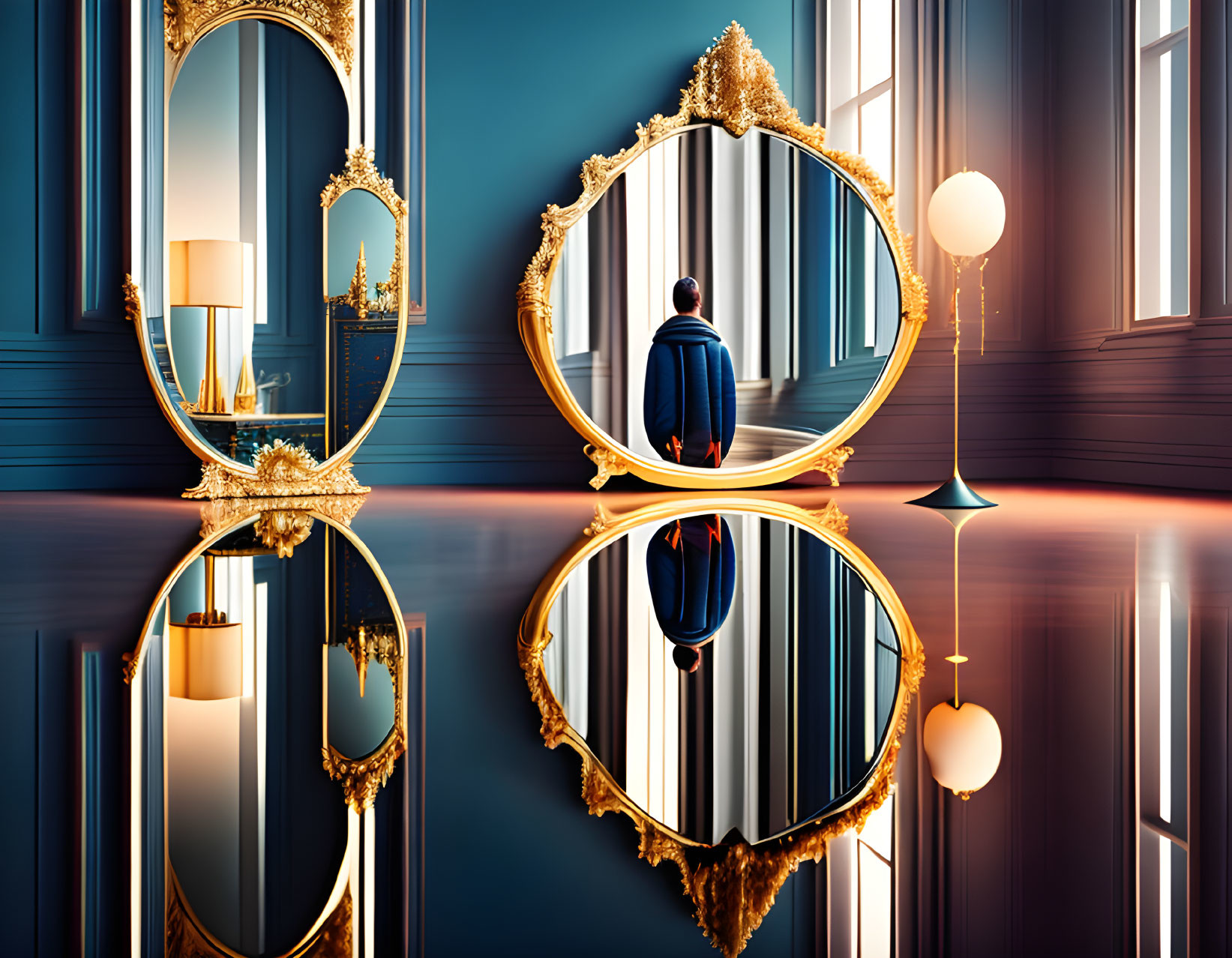 Person in Blue Coat Standing in Front of Ornate Golden Mirrors in Glossy Room