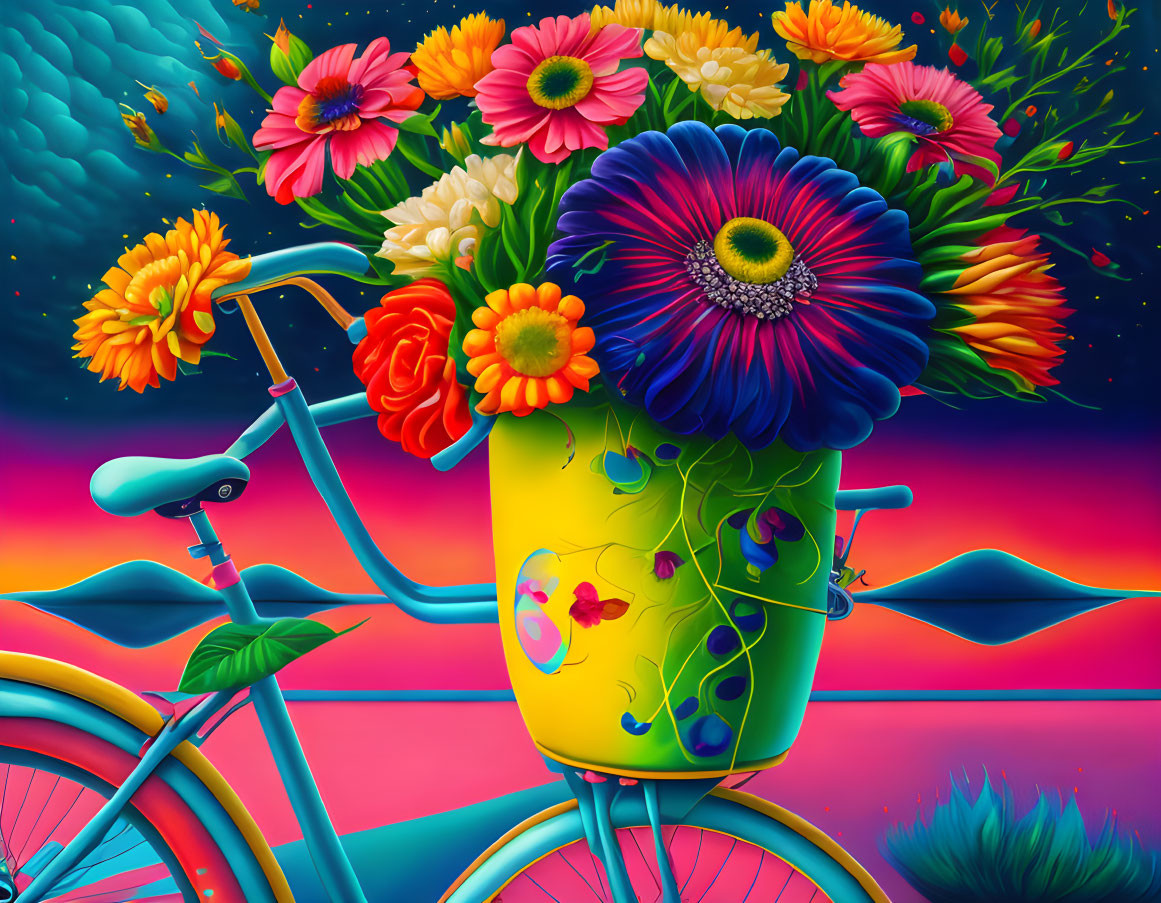 Colorful Illustration of Turquoise Bike with Flower Basket on Surreal Gradient Background