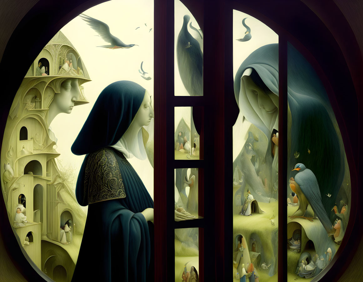 Illustration of two nuns in profile with birds and scenes in compartments