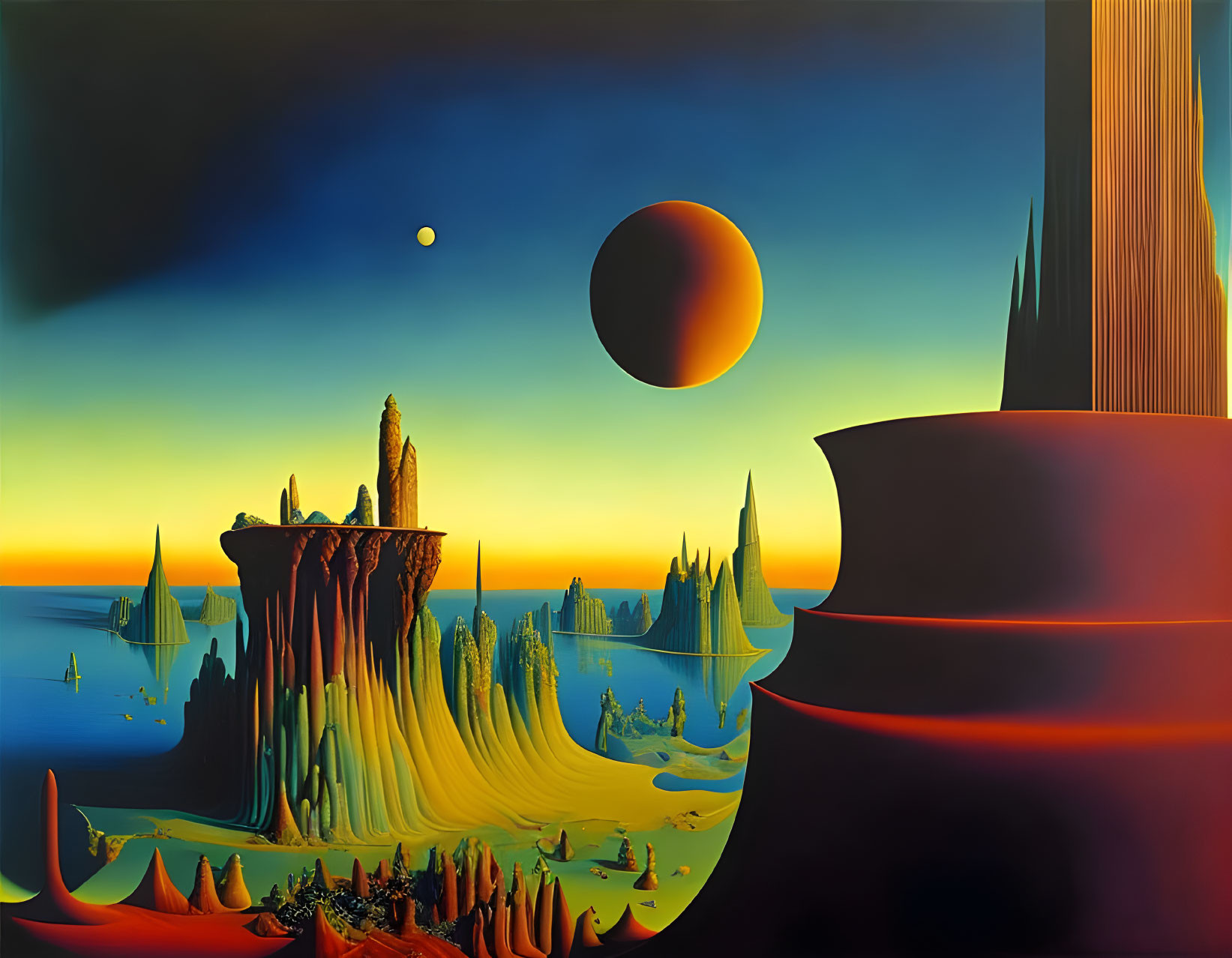 Vibrant Surrealist Landscape with Floating Orbs and Dripping Structures