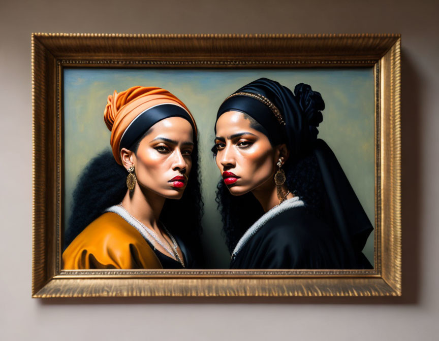Framed painting of two women with bold makeup and headscarves