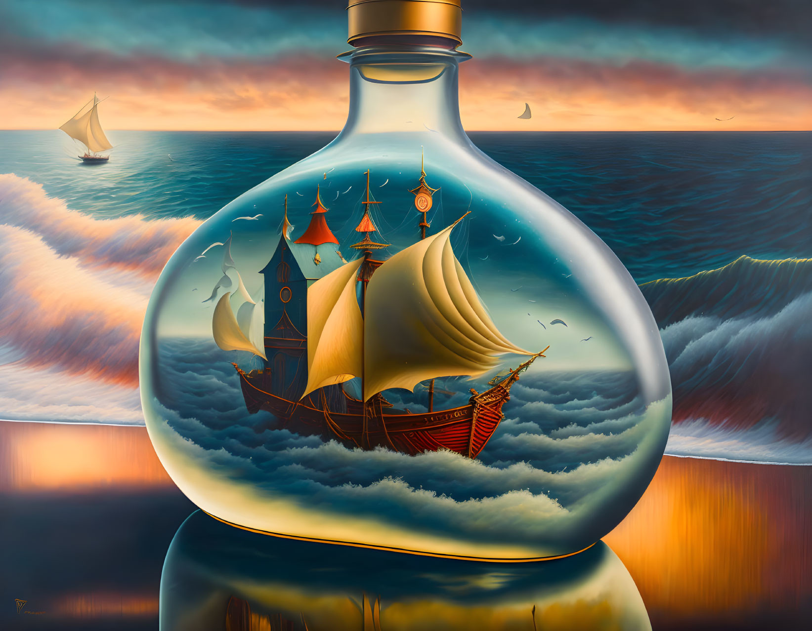 Surreal painting: ship in glass bottle on sea at sunset