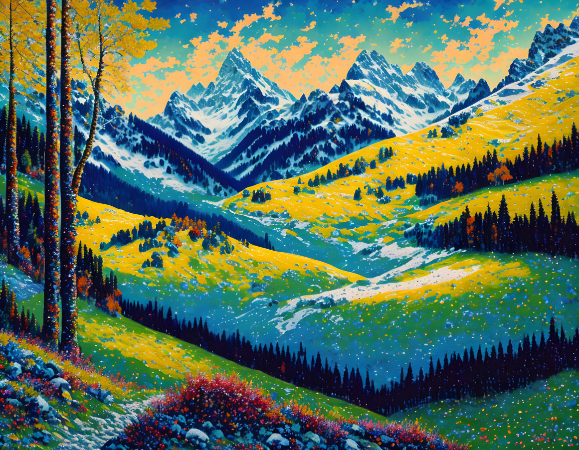 Vibrant landscape painting of lush valley with meadows, forests, and mountains