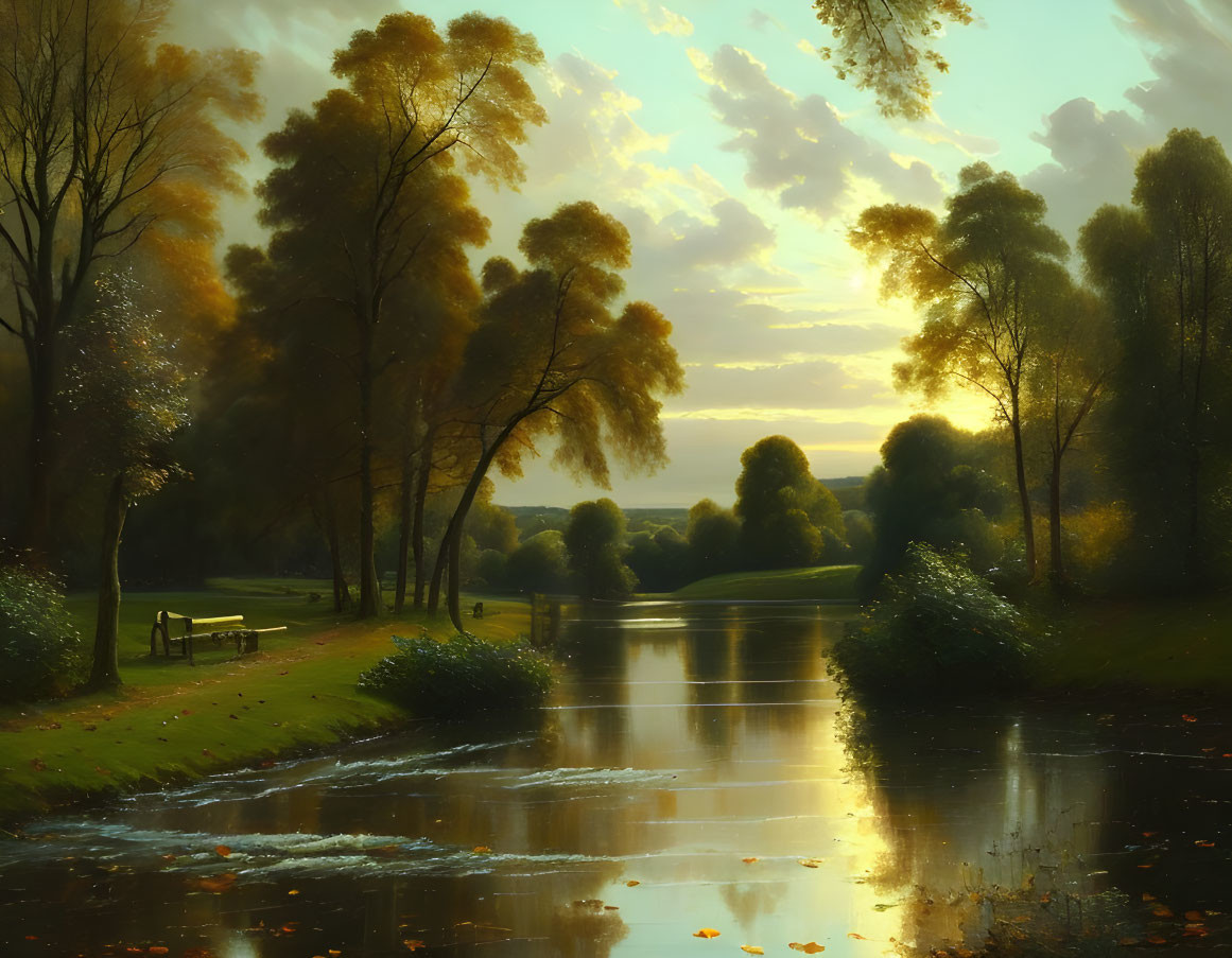 Tranquil golden-hour landscape by calm river with bench and autumn leaves