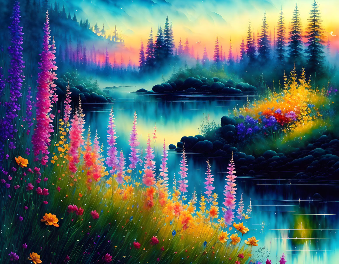 Colorful lakeside scene with flowers and misty shores at sunset