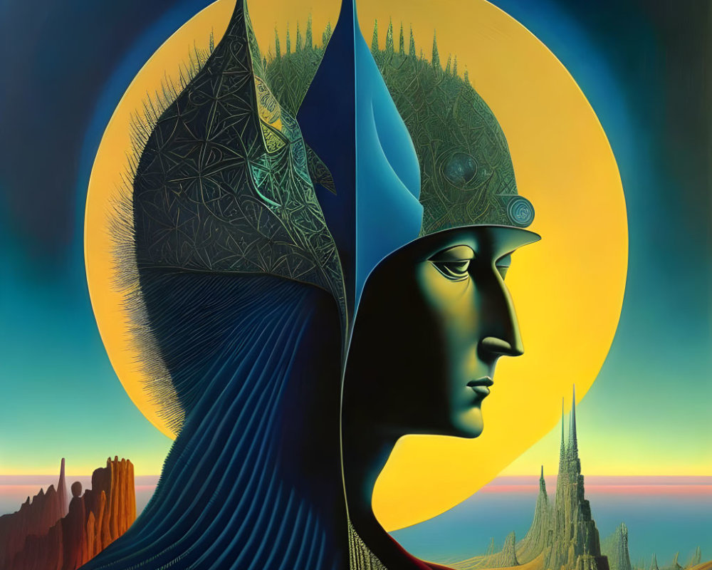 Dual-faced profile with detailed helmets in surreal artwork.