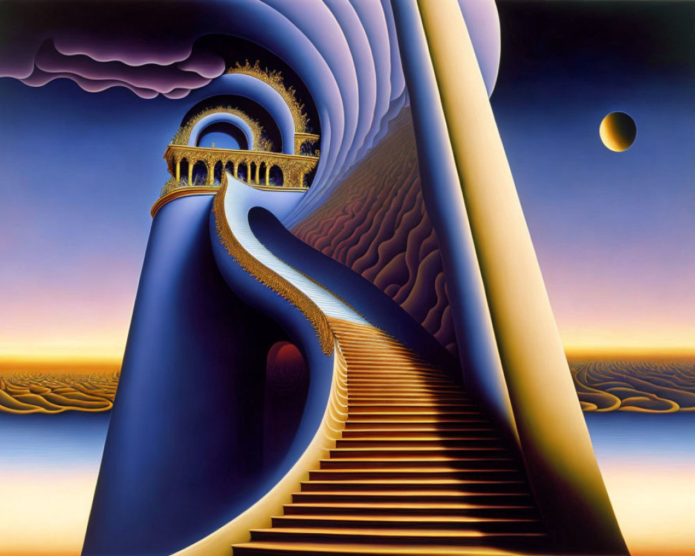 Surreal painting: Staircase merging into trompe-l'œil arch, river,