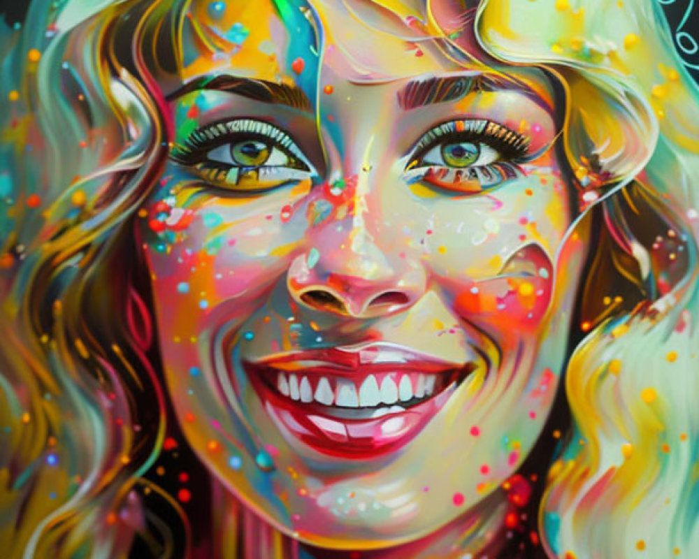 Colorful portrait of a smiling woman with paint splashes