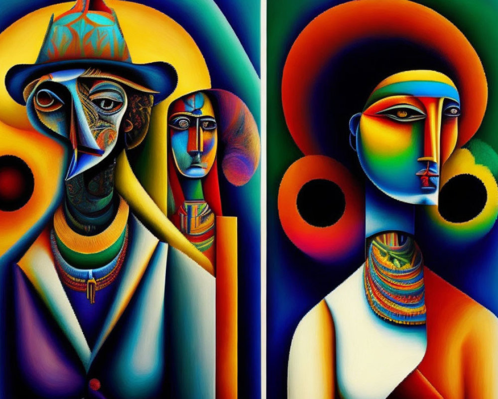 Abstract portraits with elongated faces and bold colors influenced by African culture