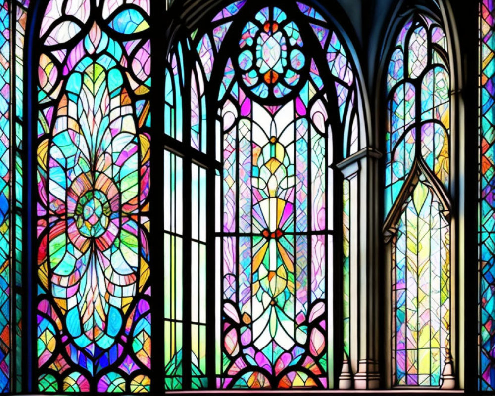Colorful Floral and Geometric Stained Glass Window in Gothic Arch Frame