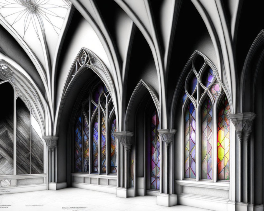 Monochrome drawing of a gothic cathedral interior with vaulted ceilings and stained glass windows.
