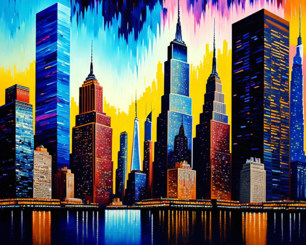 Colorful City Skyline Painting with Night Reflections & Multicolored Sky