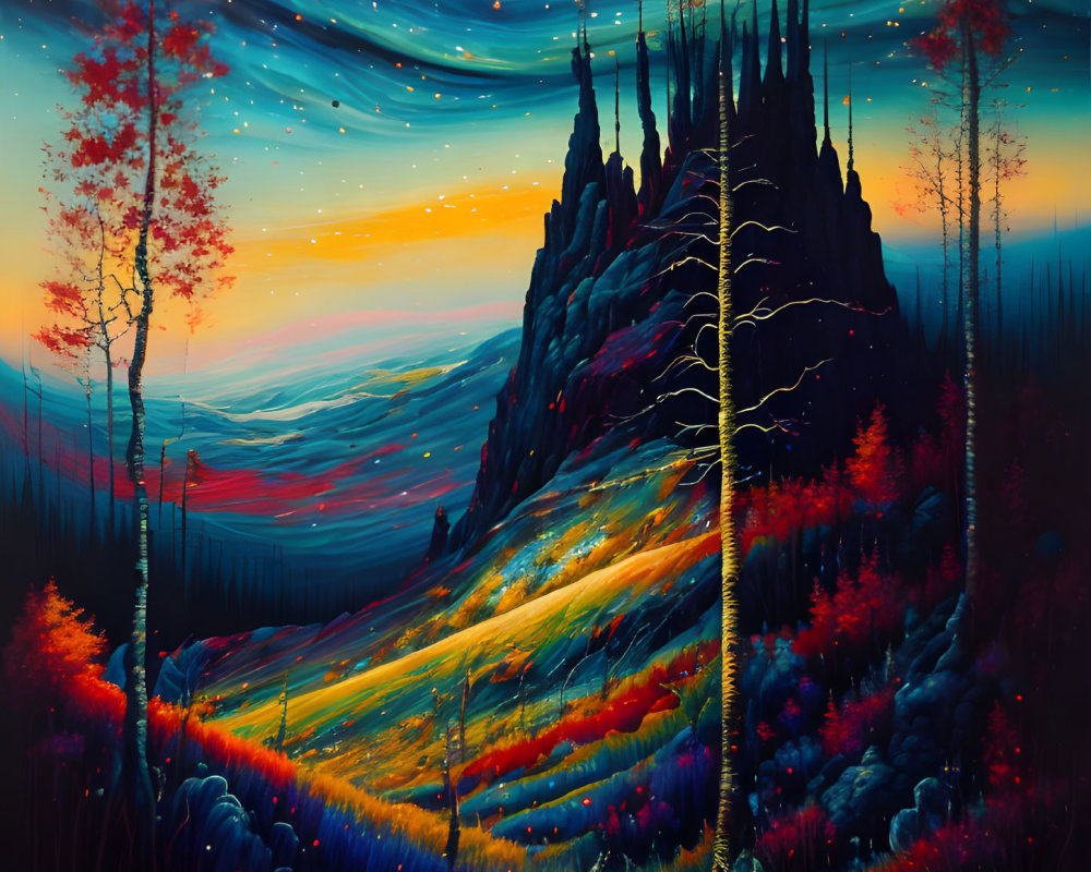 Colorful surreal landscape with autumnal flora and dark mountains