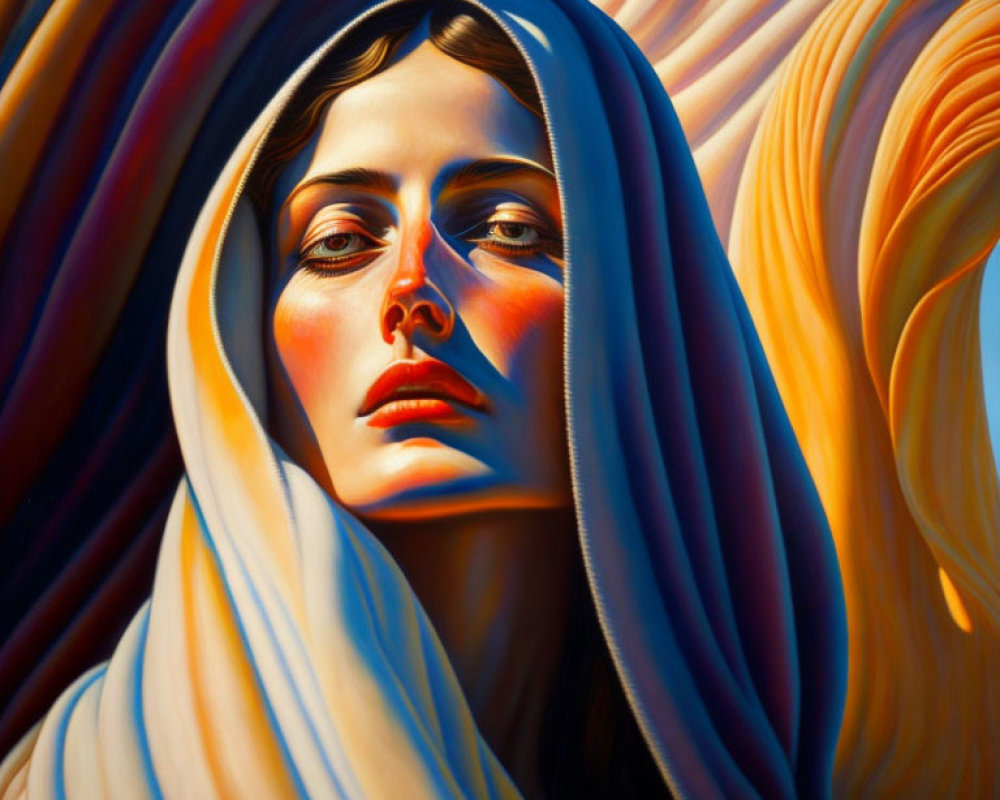 Vibrant painting of woman in flowing garment with fiery and golden hues