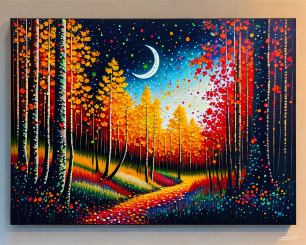 Colorful forest path under starry night sky with crescent moon