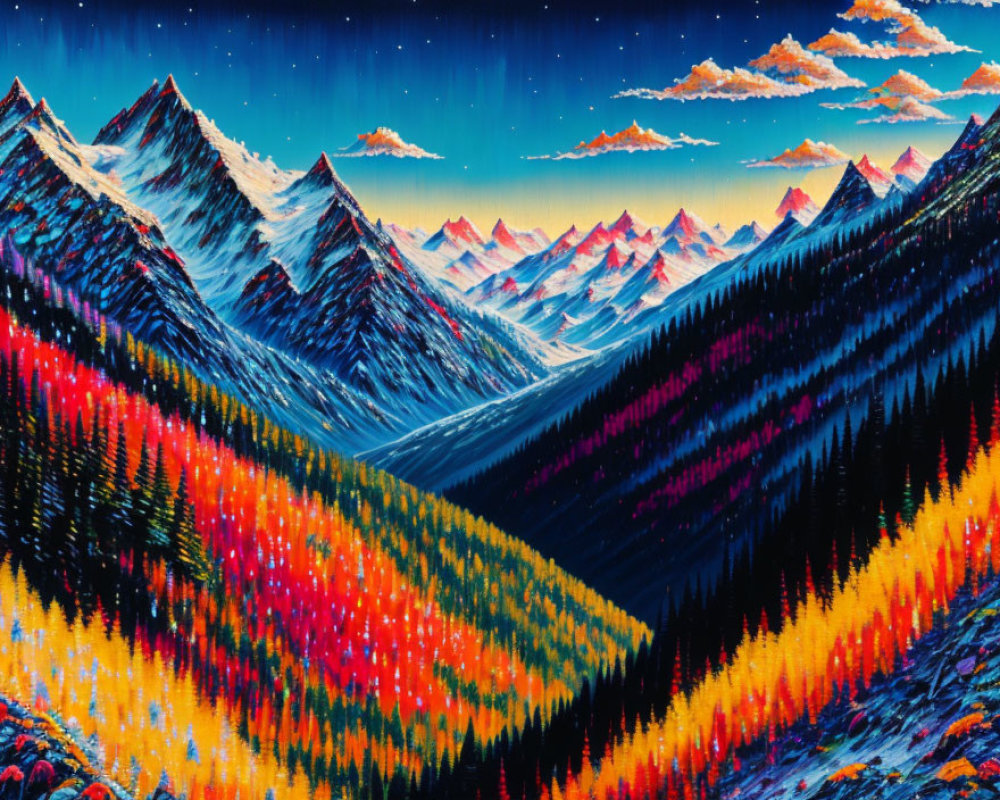 Colorful autumn mountain range painting under blue sky