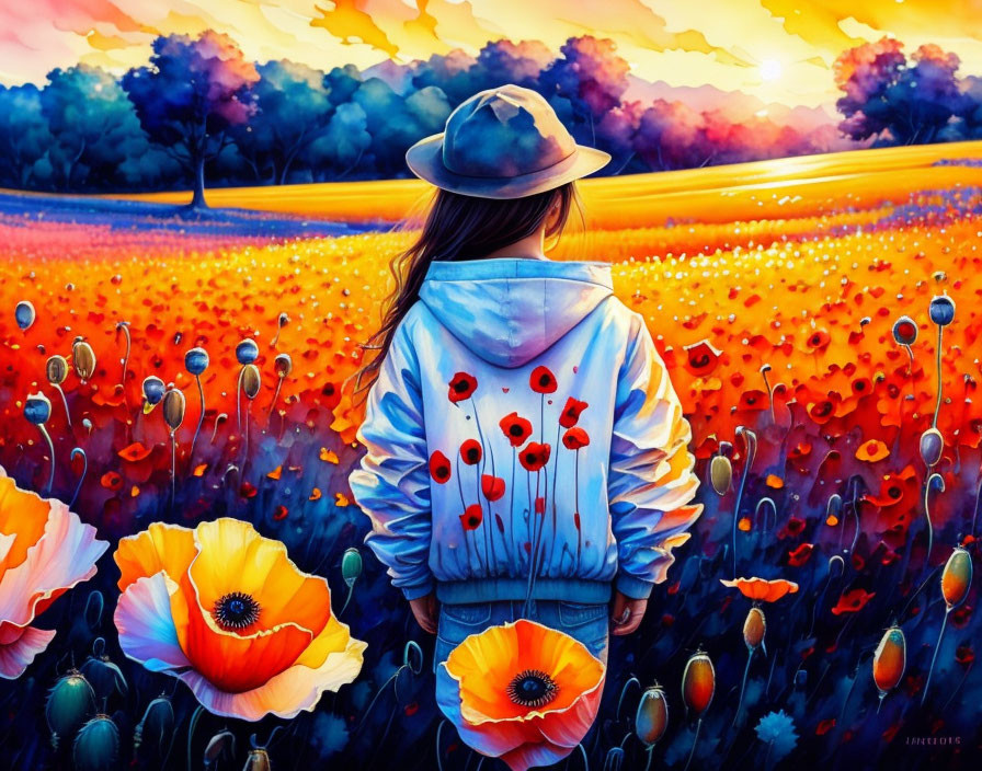 Person standing in vibrant poppy field at sunset with trees on horizon