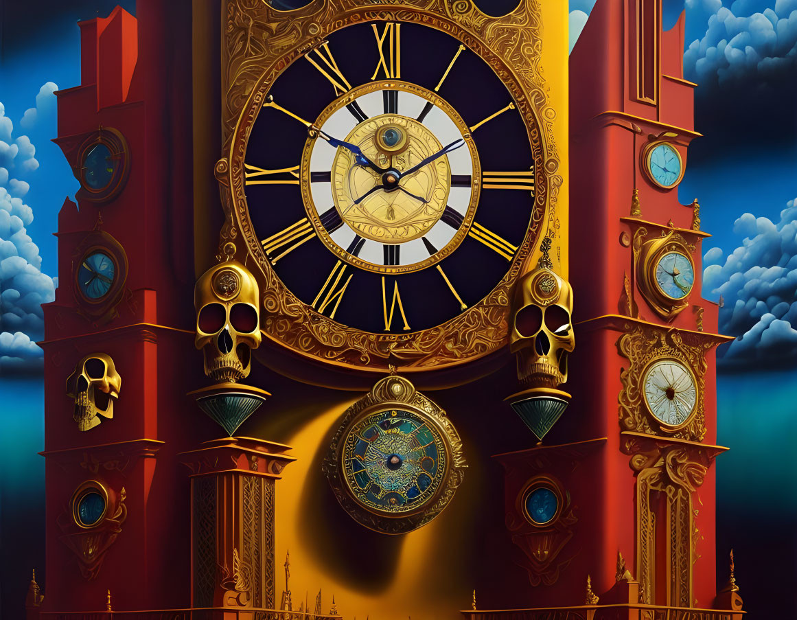 Surreal artwork: Golden clock, red pillars, skulls, floating clouds on dark blue sky