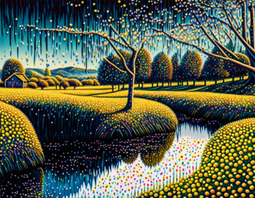 Colorful painting of nocturnal landscape with stream, fields, trees, house, and starry sky