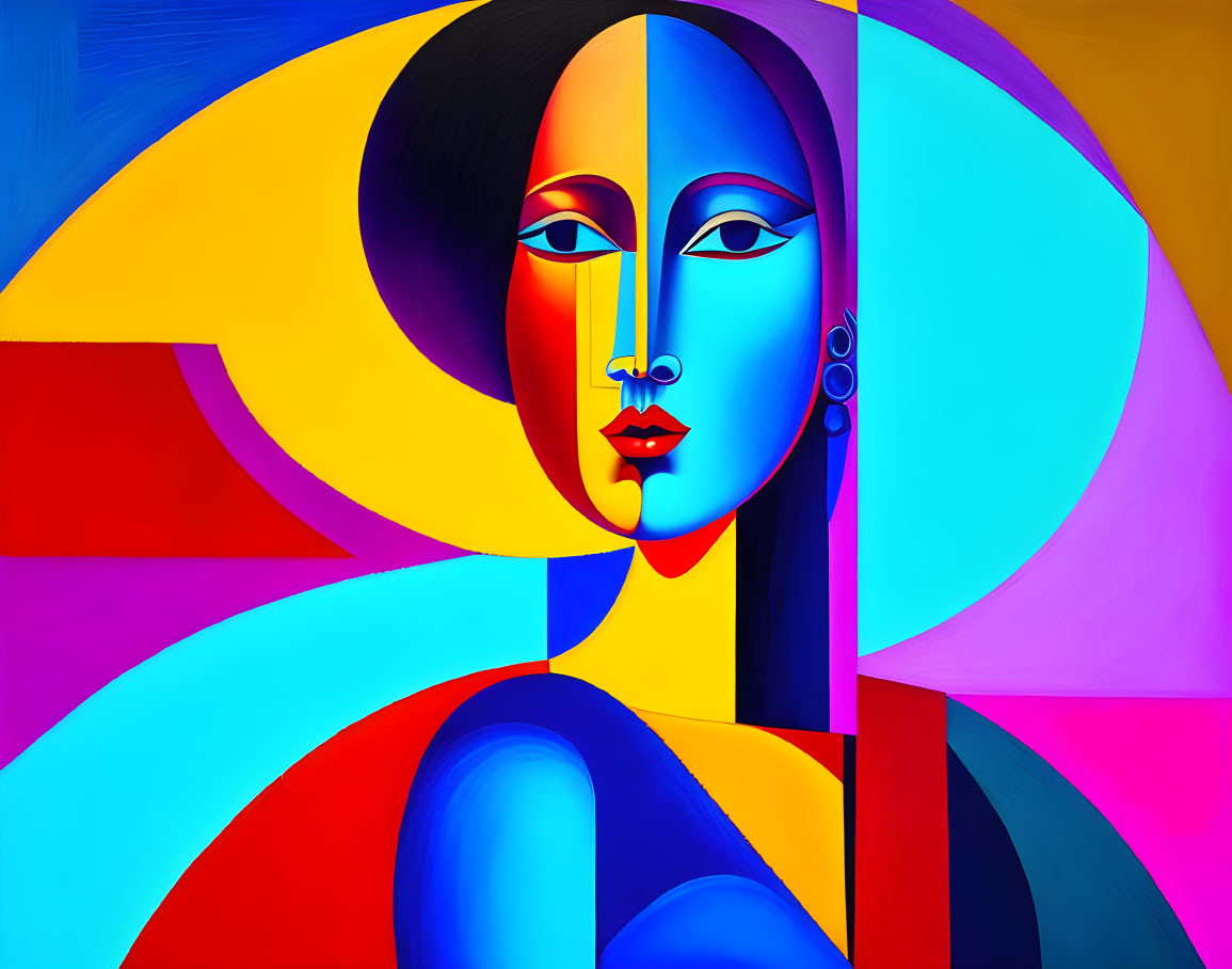Colorful Abstract Painting of Stylized Woman's Face with Geometric Shapes