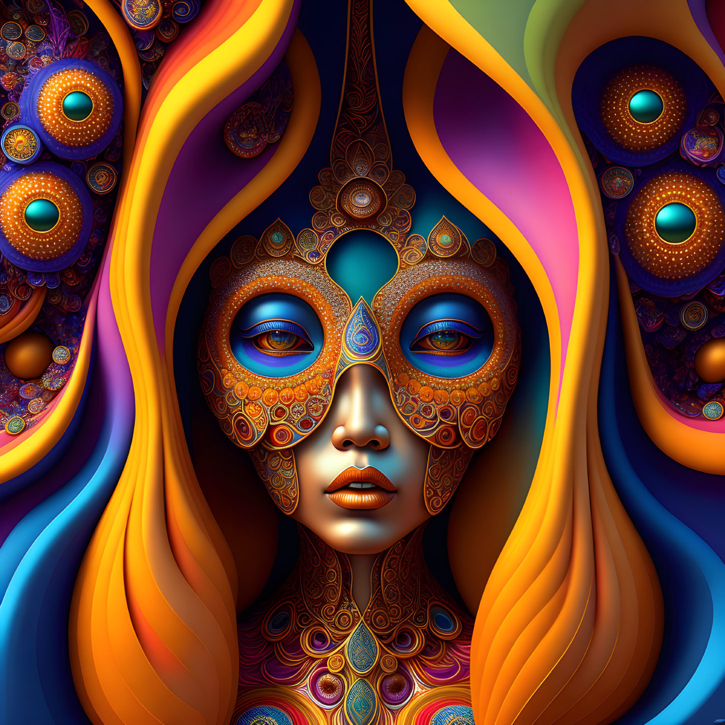 Colorful Surreal Face Artwork with Peacock Feather Patterns