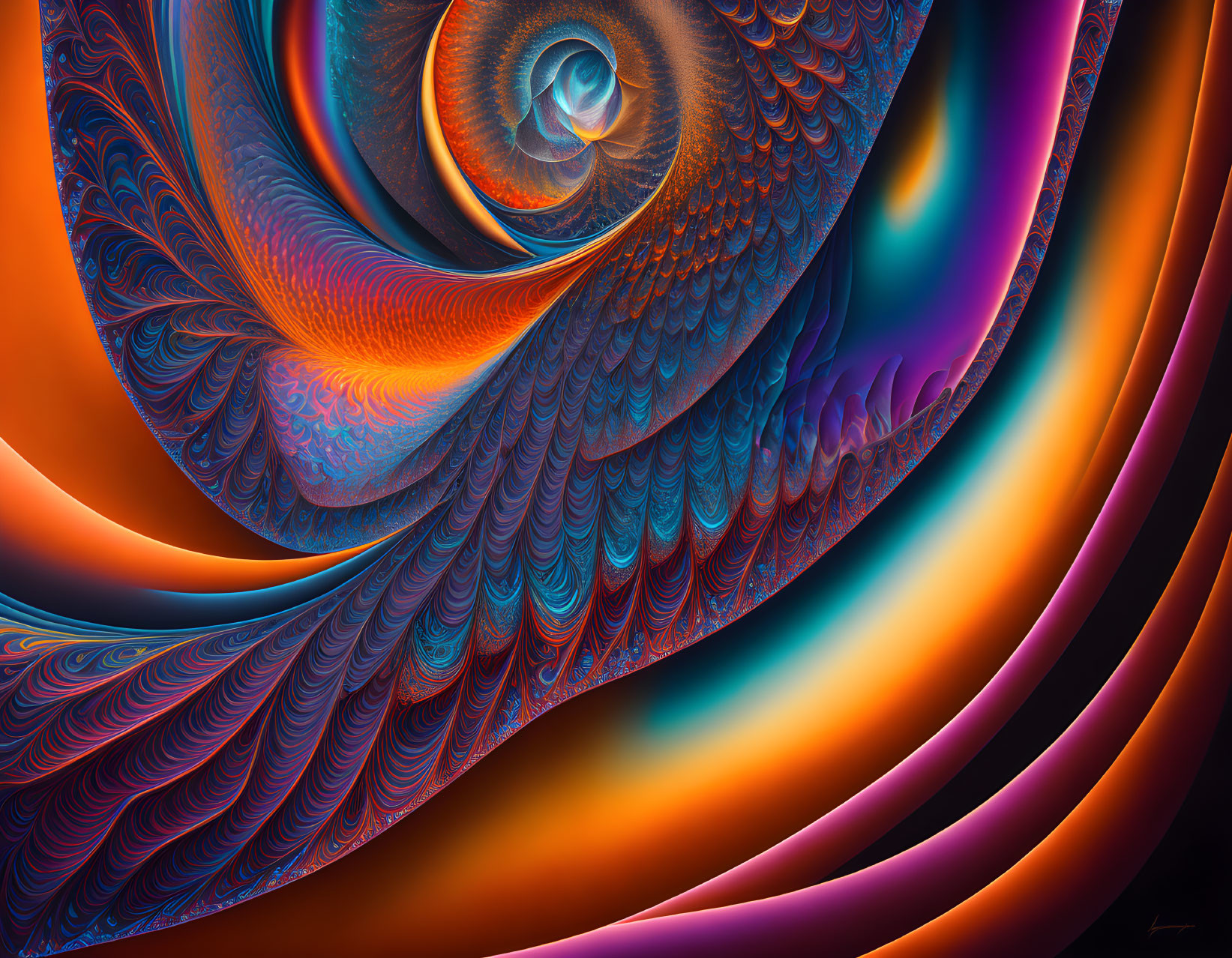 Colorful fractal image resembling peacock feather in oranges, blues, and purples