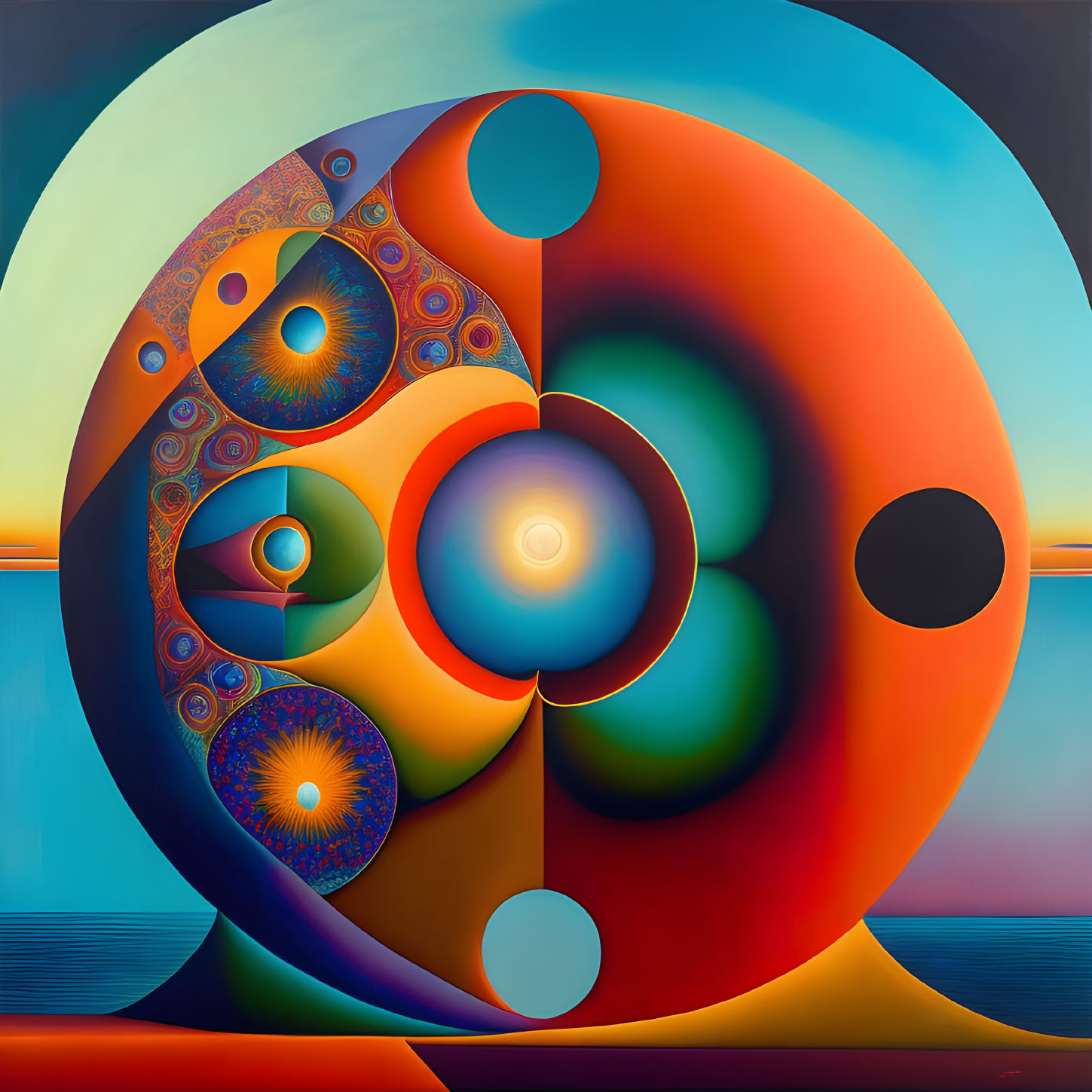Vibrant geometric shapes and fractal patterns in abstract painting.