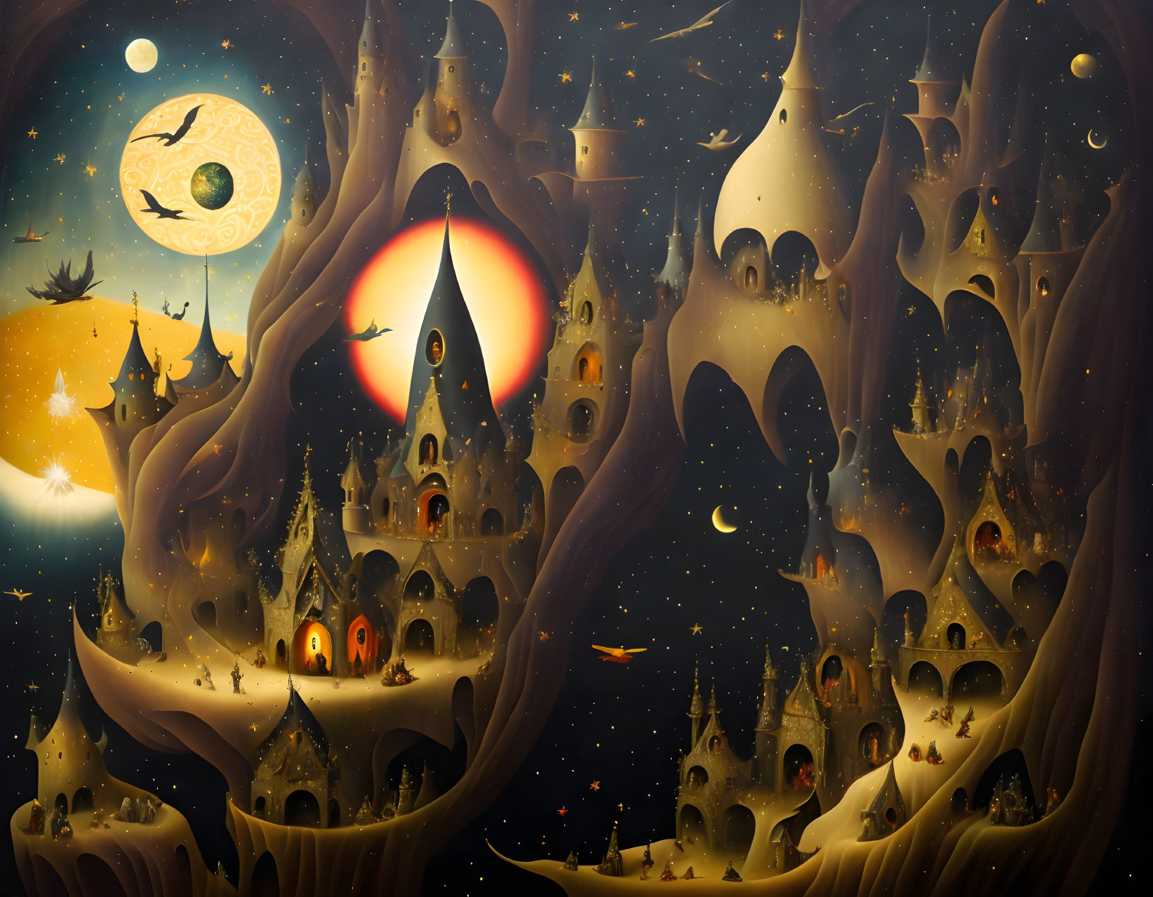 Nocturnal scene with moon, treehouses, bats, witch on broomstick