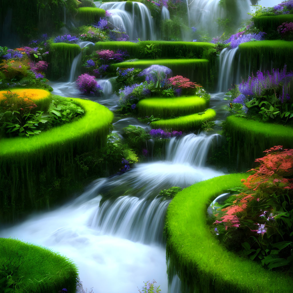 Lush Garden with Waterfalls, Moss-Covered Terraces & Colorful Flowers