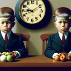 Identical robotic figures in suits at table with fruit bowls and clock