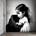 Monochrome mural featuring young girl with long hair playing with sand and bird-shaped shadow.