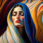 Vibrant painting of woman in flowing garment with fiery and golden hues