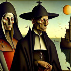 Surreal painting of figures with skeletal faces in nun and gentleman attire, with castle and floating orange